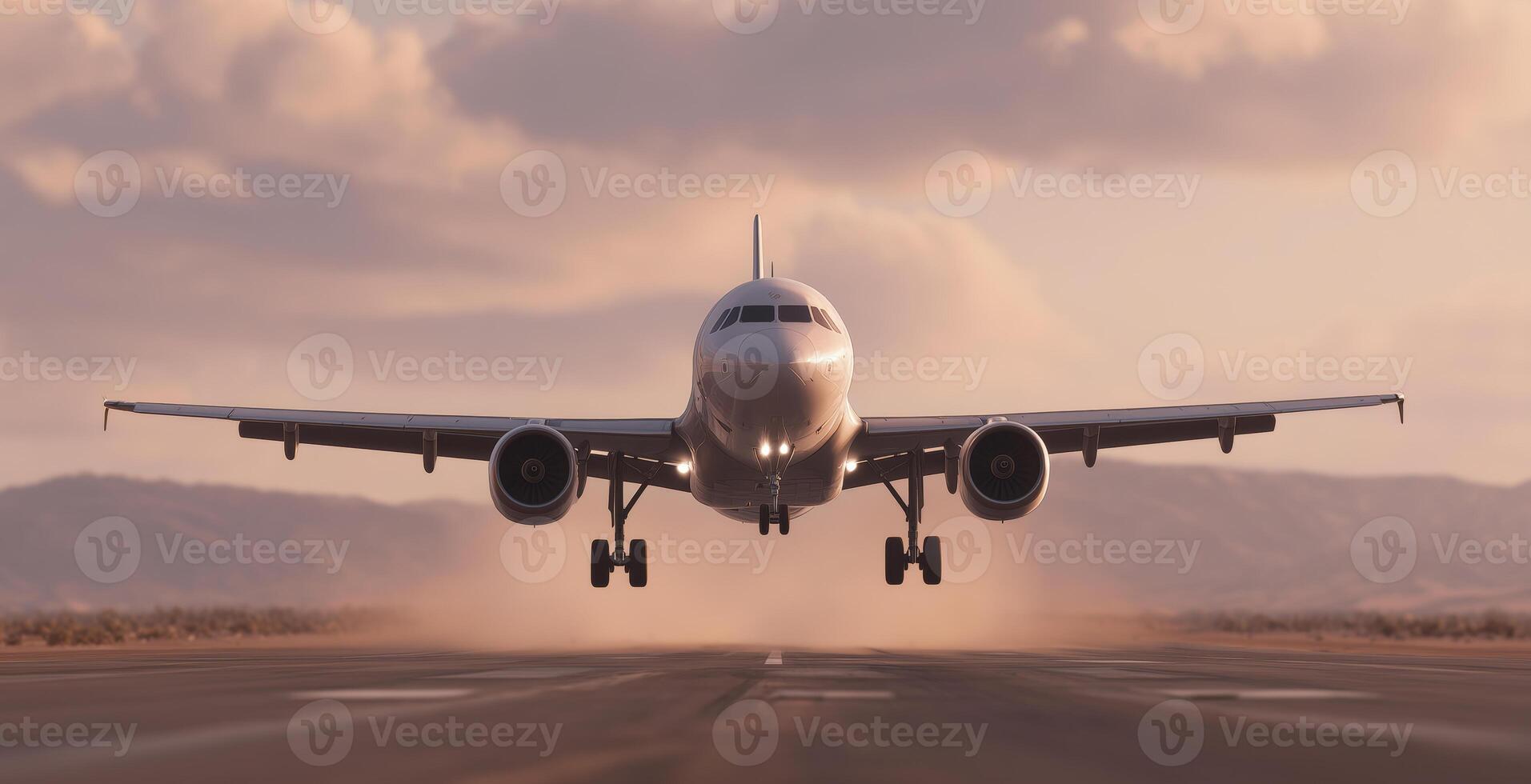 A cargo aircraft lifts off from an airport runway as the sun sets in the background. Dust swirls around the landing gear, highlighting the aircraft's ascent during a calm evening flight operation. photo