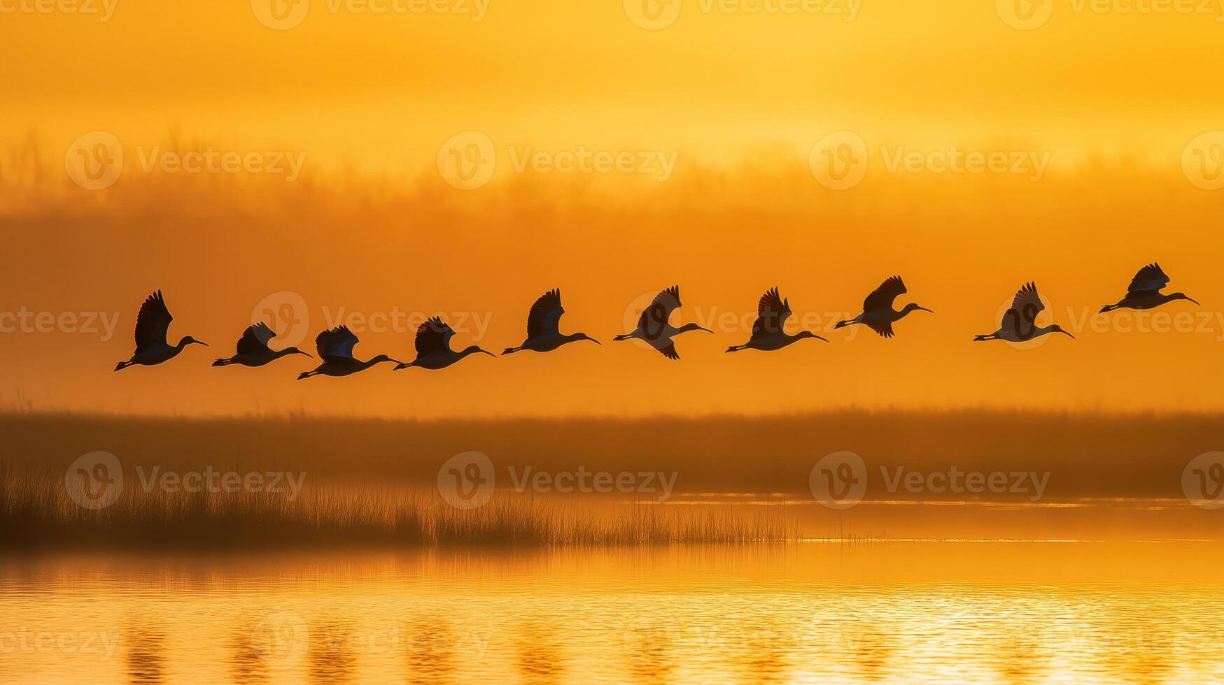 group of ibis birds flying in V formation above wetlands at sunrise, golden reflections on water photo
