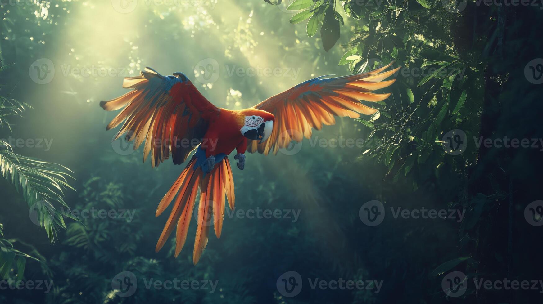 A vibrant macaw flaps its wings gracefully in a dense rainforest, illuminated by soft sunlight. photo