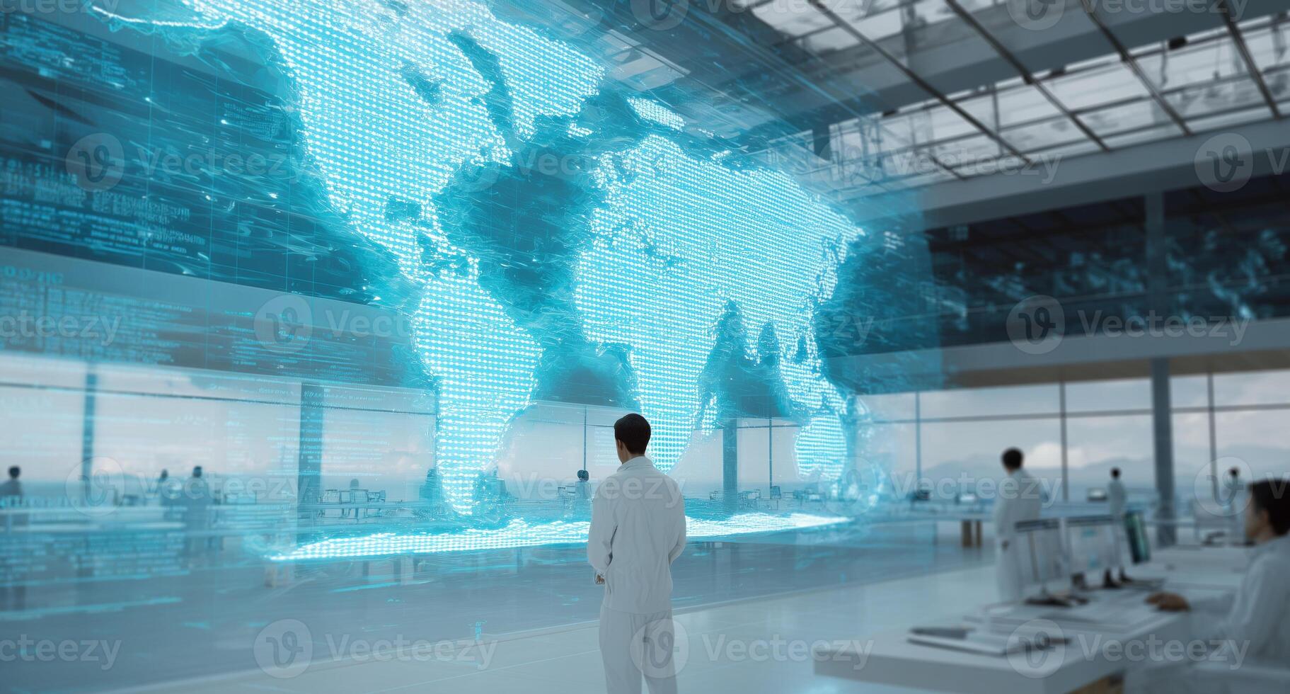A team of engineers monitors a high-tech navigation system displaying a 3D world map in a state-of-the-art facility. The autopilot interface tracks cargo transport routes with real-time data. photo