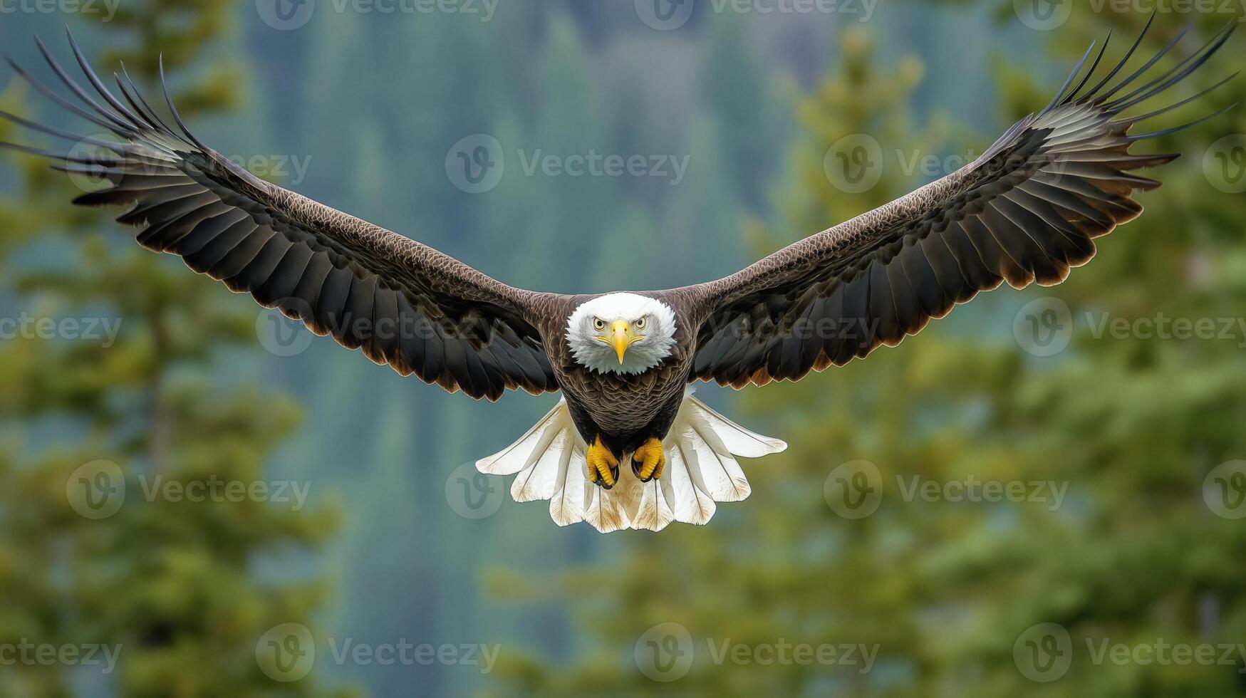 A bald eagle soars elegantly above green trees, displaying its majestic wingspan. photo