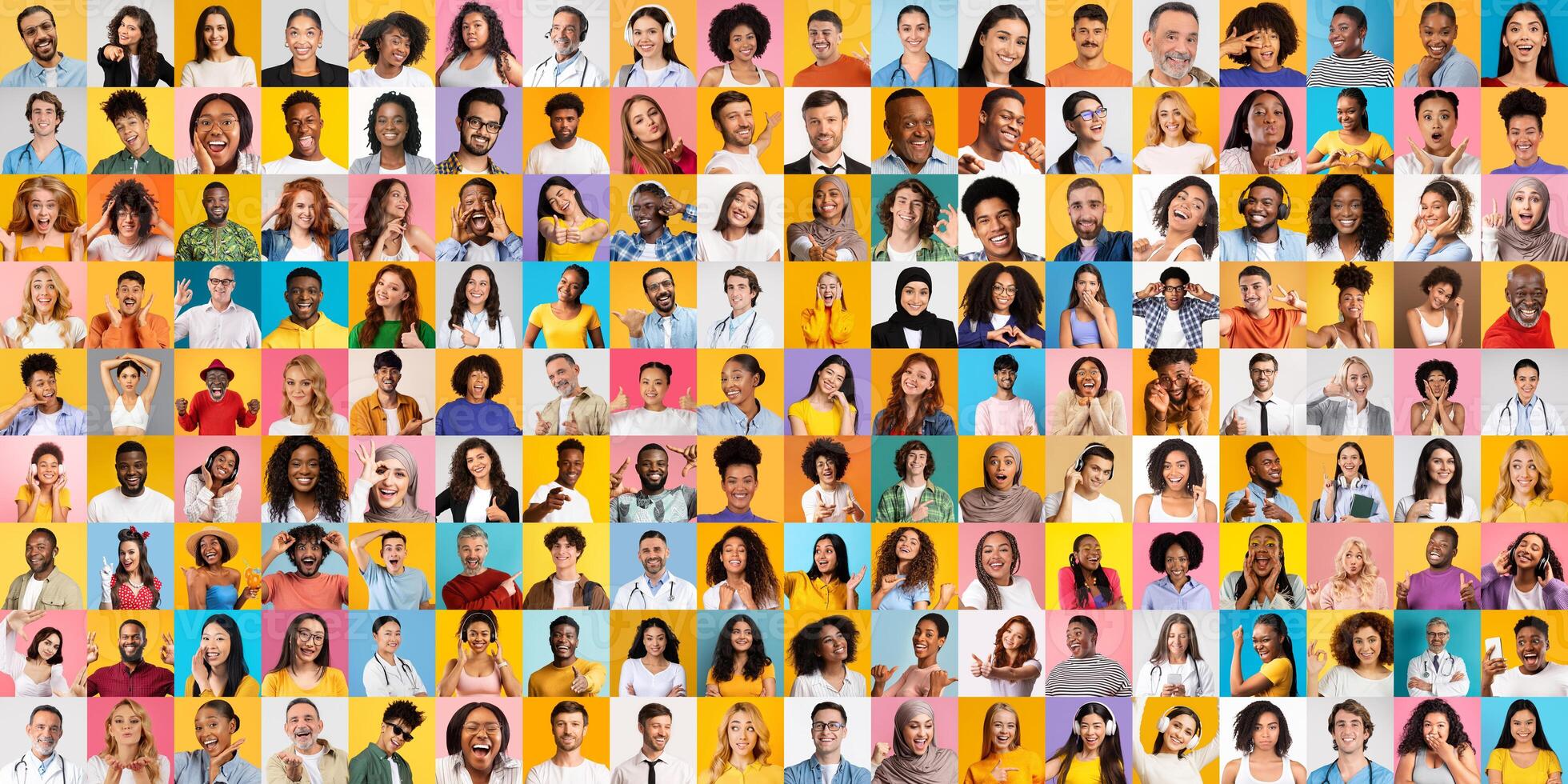 A lively collection showcasing a diverse group of individuals with varied backgrounds, all smiling and celebrating life against colorful backgrounds. photo