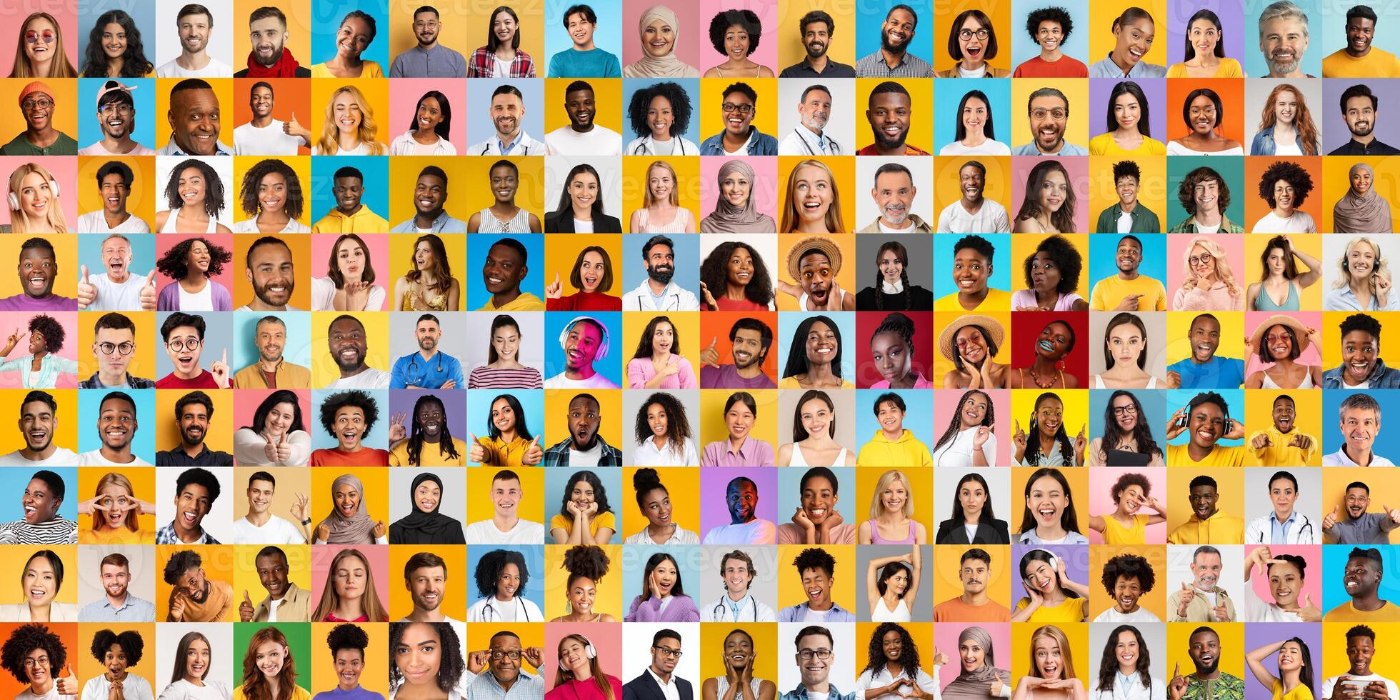 A colorful collection of portraits showcasing people from various backgrounds, representing different lifestyles and cultures. Each face expresses uniqueness and diversity in style and appearance. photo