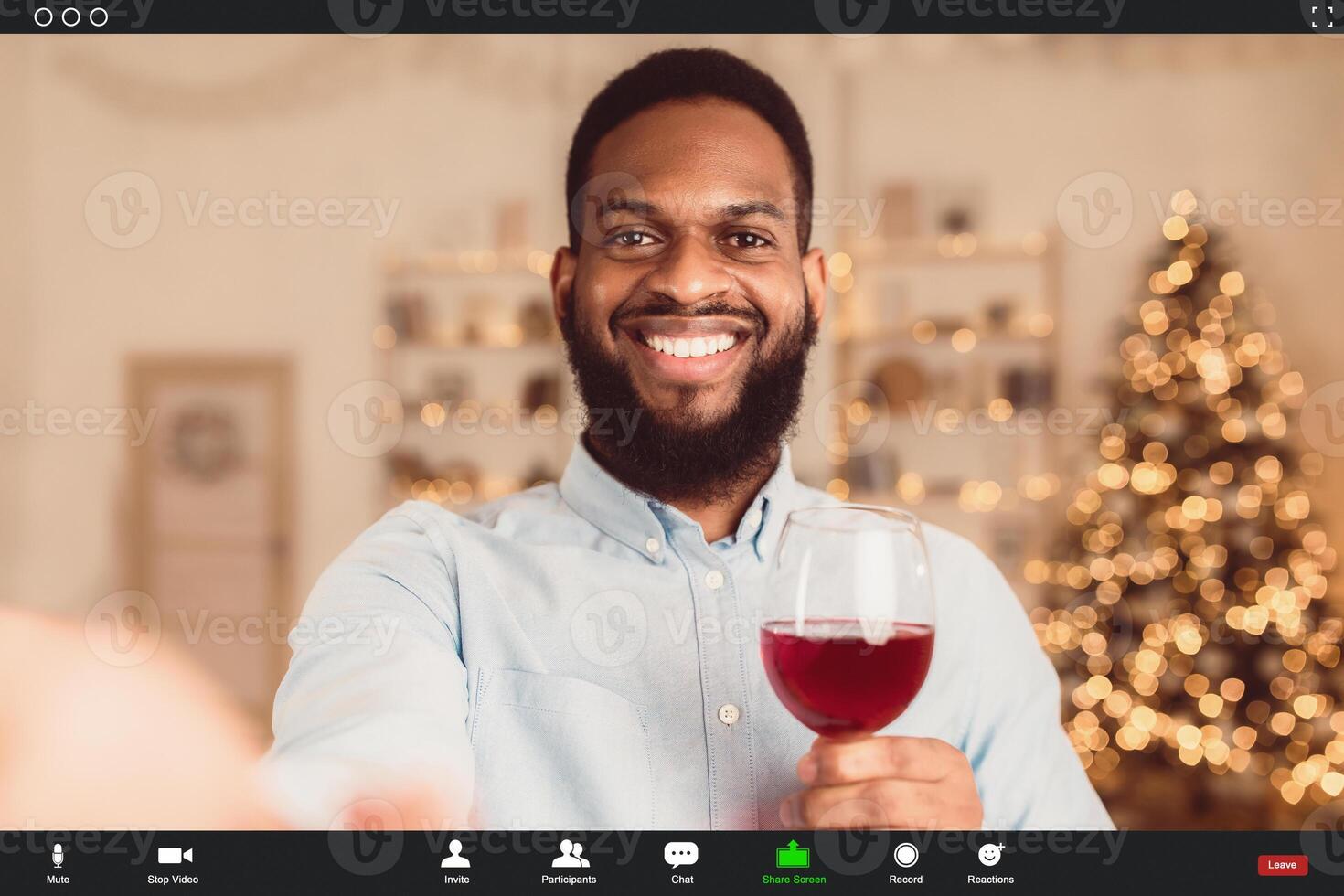 Online Date, Safe Meeting With Friends. Smiling African American Bearded Man Talking By Chat Using Laptop, Holding Glass And Drinking Red Wine. Stay Home. Social Distance. Screen View photo