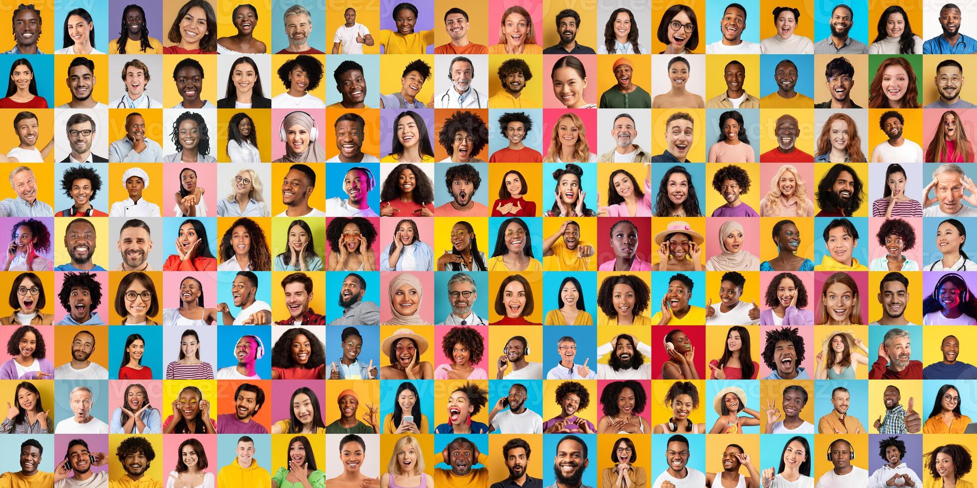 A vibrant collage captures the essence of diverse individuals from various backgrounds. Each person radiates joy and individuality, showcasing a rich tapestry of humanity in a colorful setting. photo