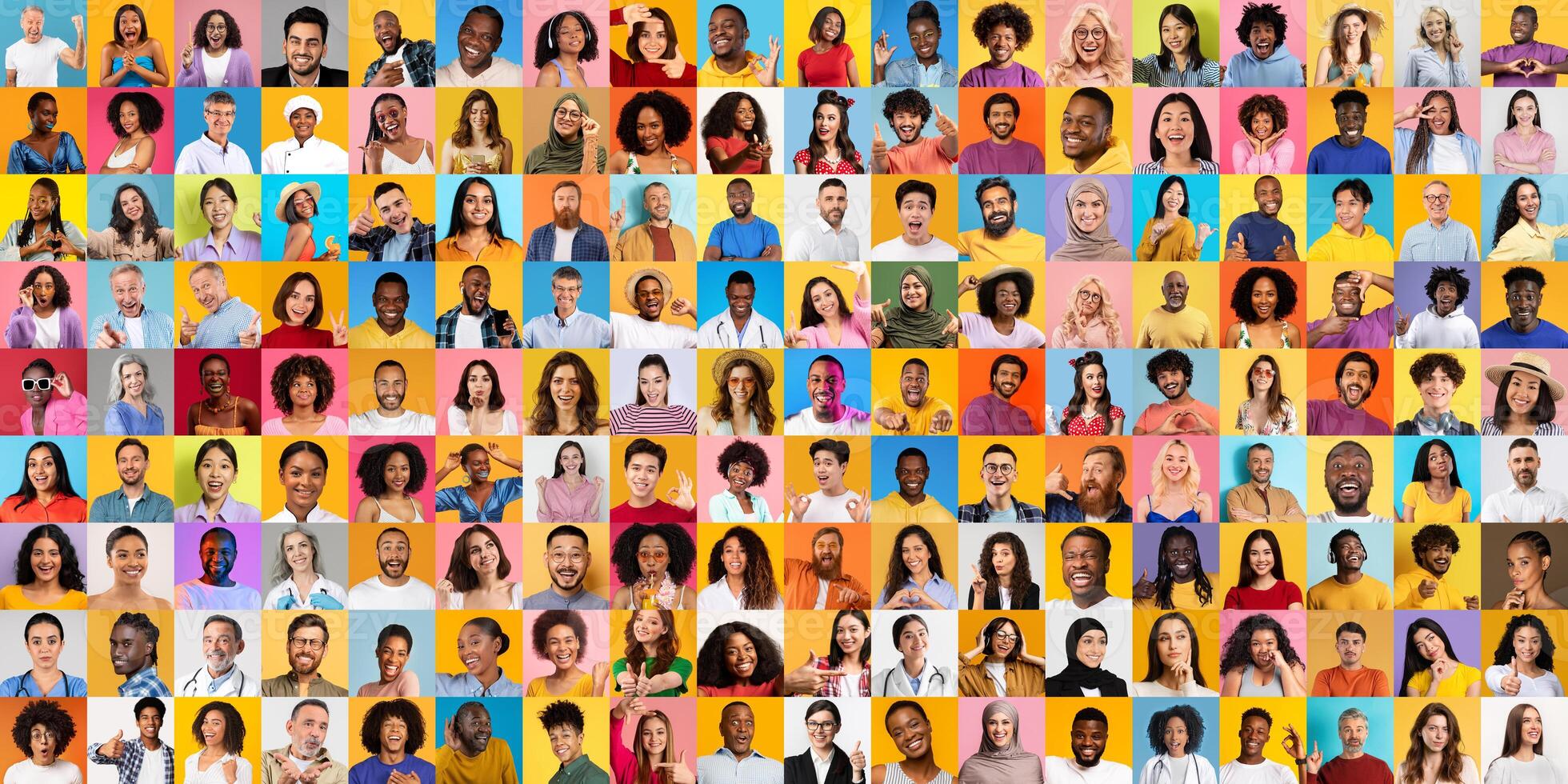 A vibrant collage displays a diverse array of individuals from various backgrounds. Each portrait highlights unique faces and expressions, capturing the essence of global lifestyle and culture. photo