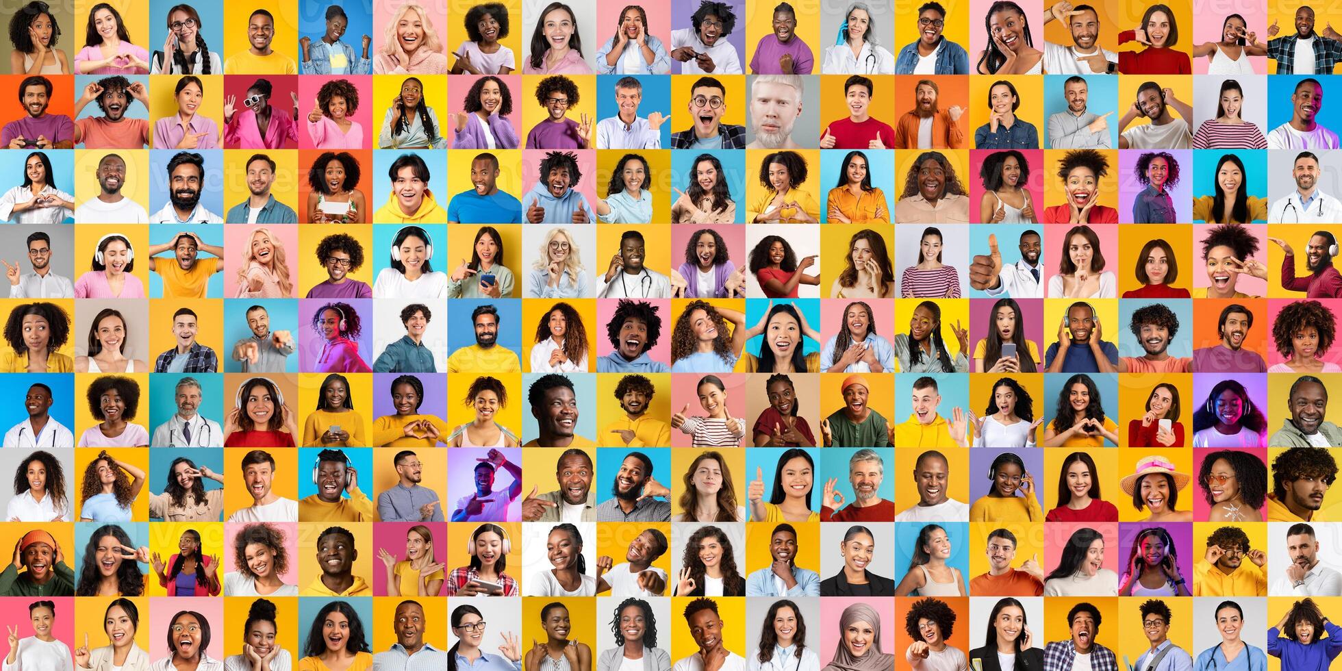 This vibrant collage displays a diverse group of individuals with distinct facial expressions, highlighting the beauty of multiracial lifestyles. photo