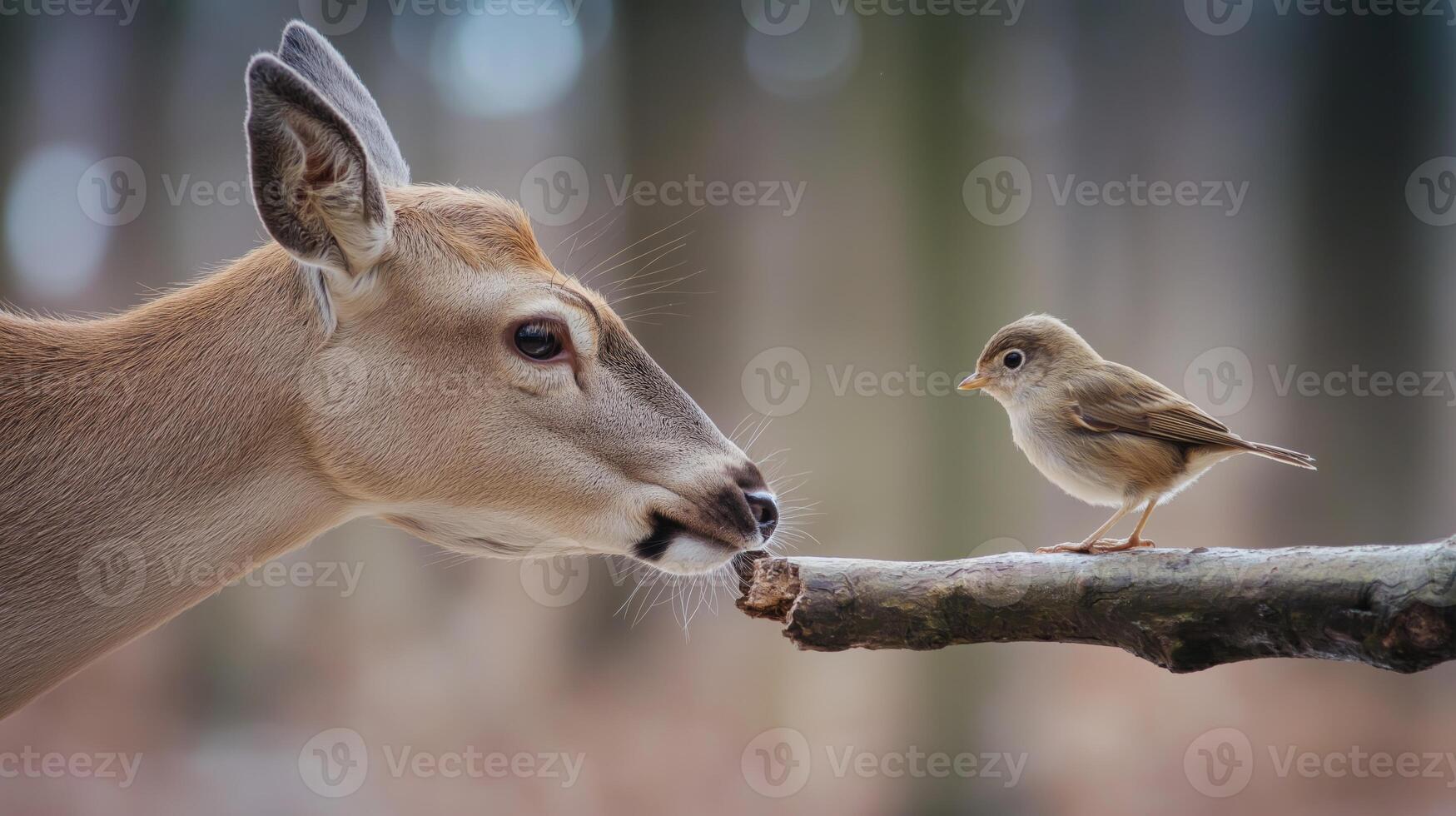 A deer approaches a small bird perched on a branch in a tranquil forest. photo