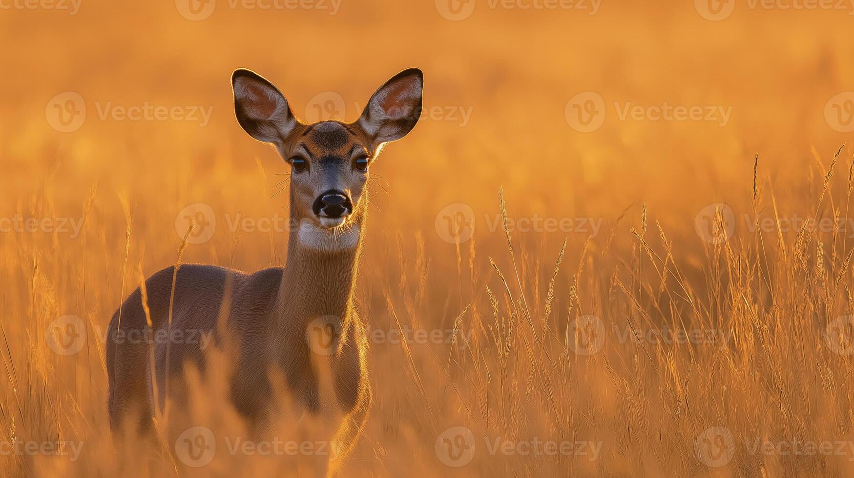 A deer grazes peacefully in a field of tall grass, illuminated by soft golden light. photo
