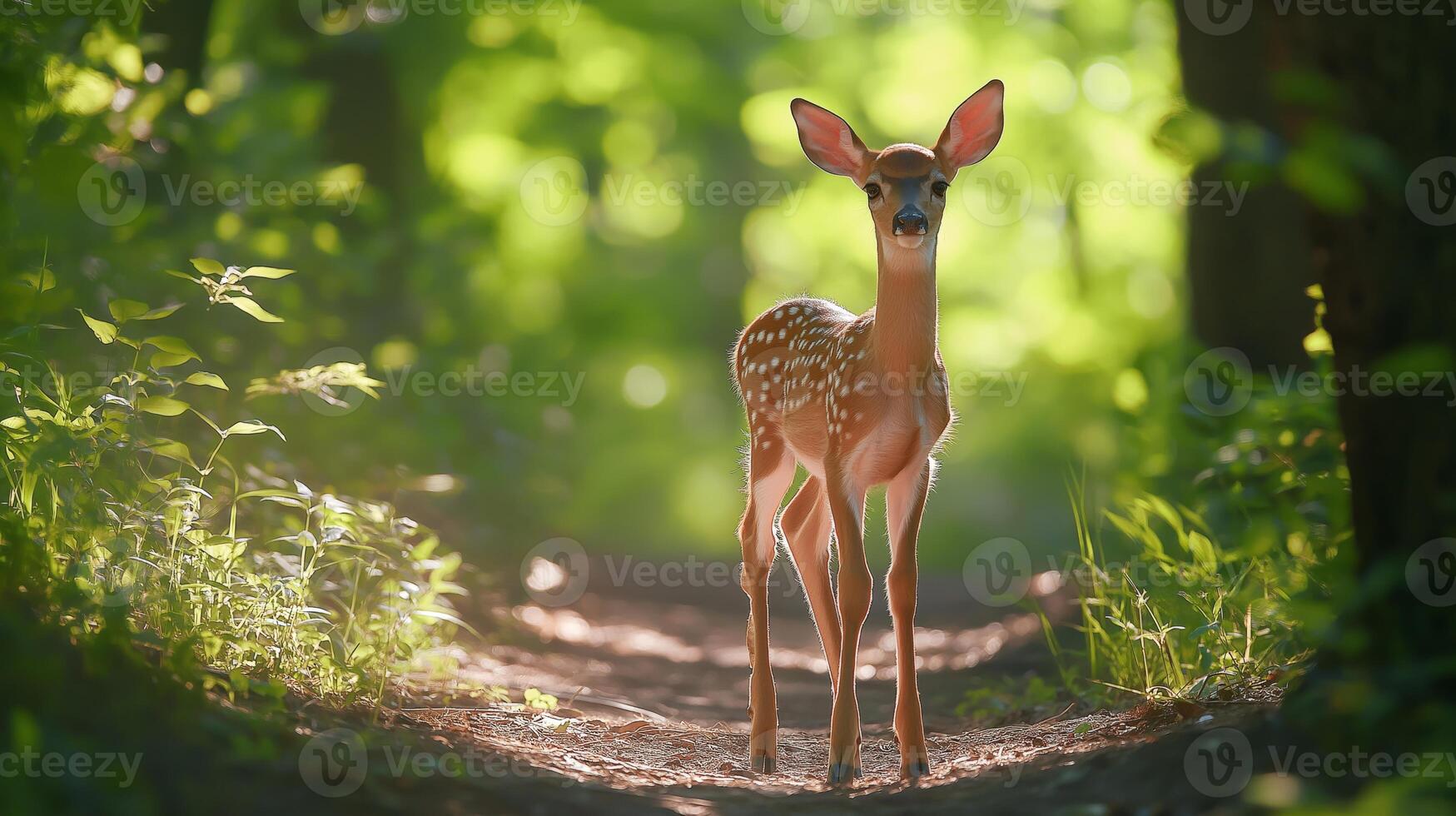 A fawn appears on a sunlit path in the forest, surrounded by lush greenery and soft light. photo