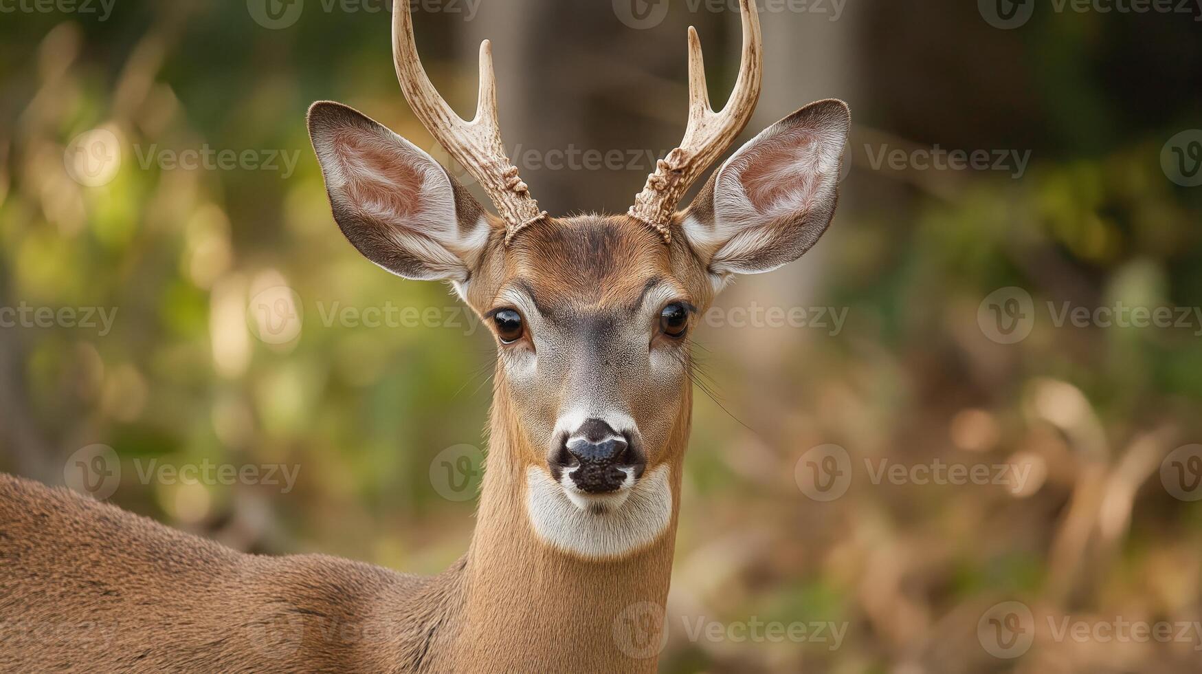 A deer with antlers observes its surroundings in a dense wooded area during daylight hours. photo