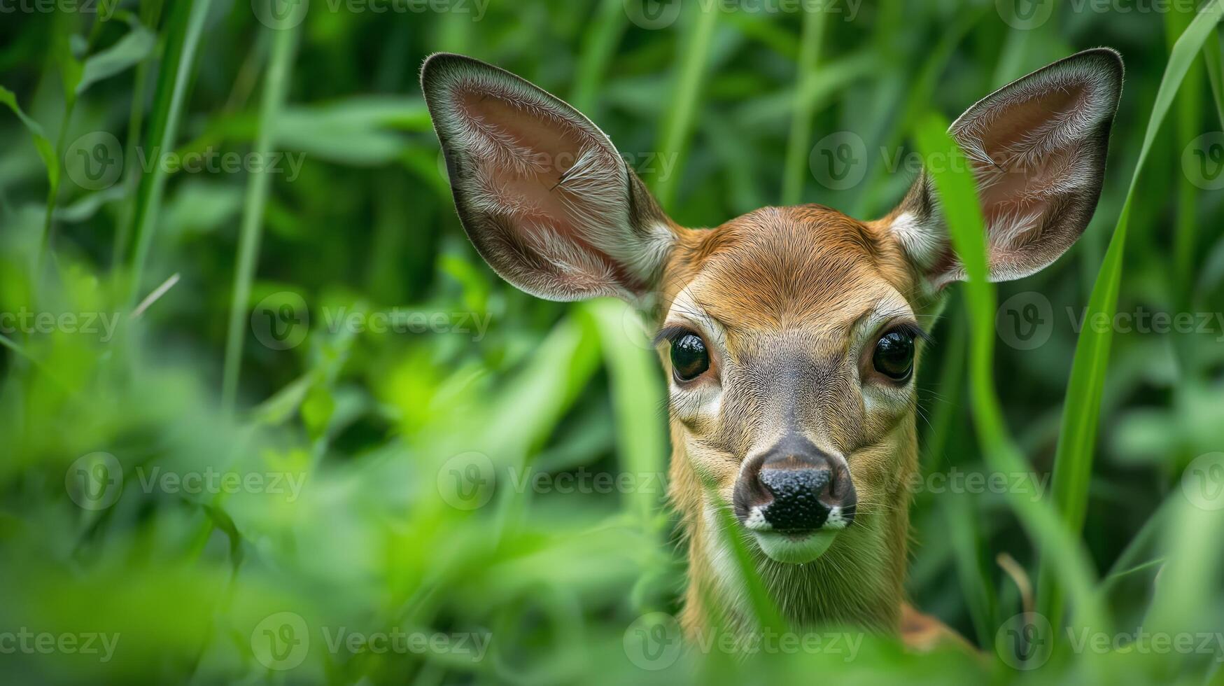 A young deer stands quietly among the tall grass, observing its surroundings in a forested area. photo