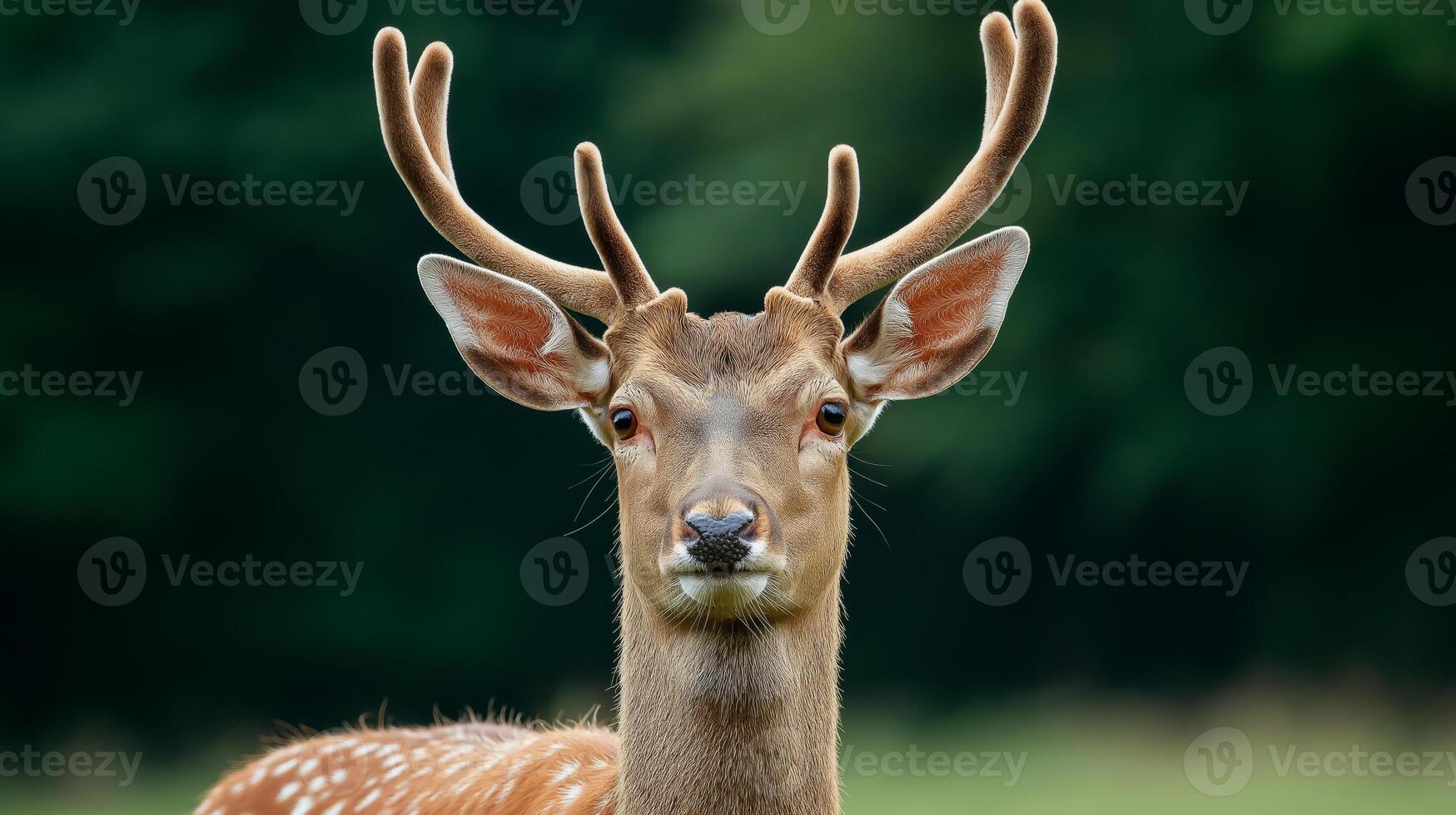 A spotted deer gazes directly at the viewer in a verdant forest, showcasing its impressive antlers. photo