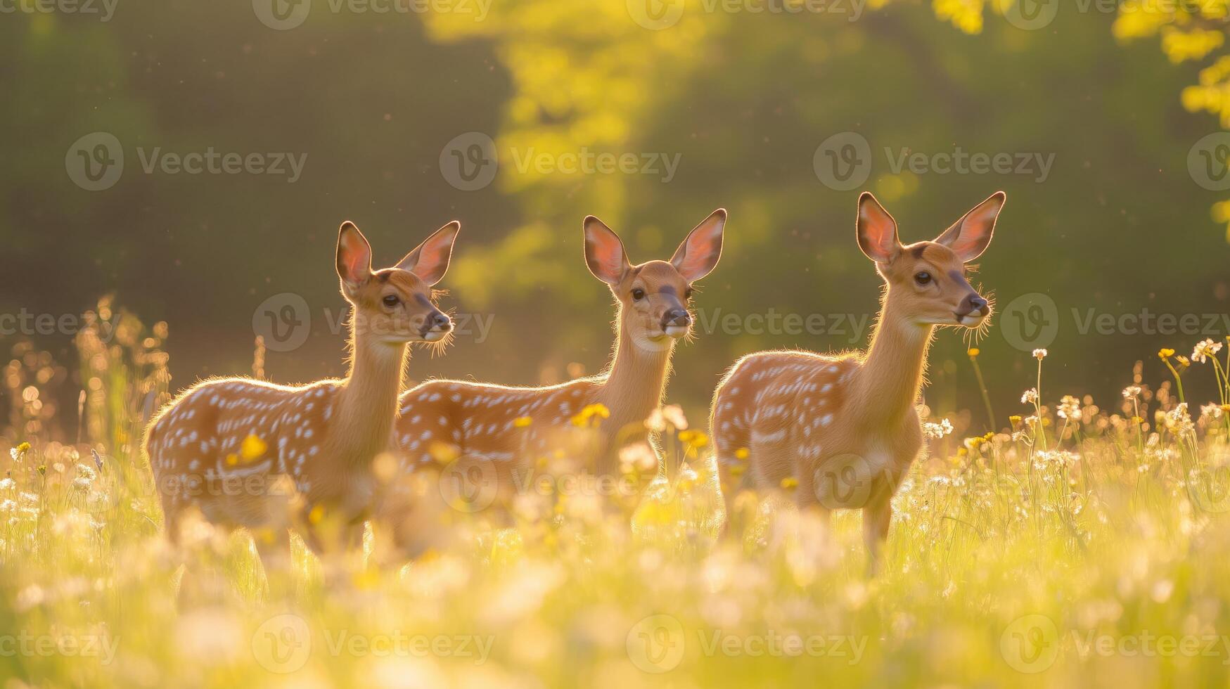 Three spotted fawns are grazing peacefully in a vibrant meadow as the sun sets behind them. photo