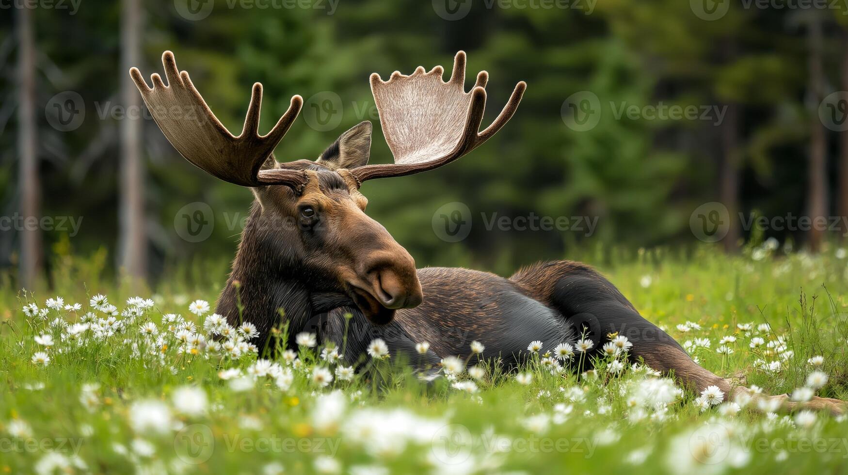 A moose lies in a field of wildflowers with a serene forest backdrop on a sunny afternoon. photo