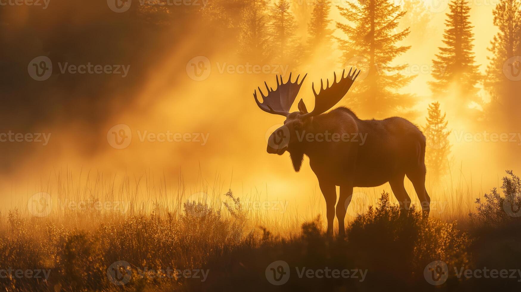 A moose appears in a misty forest during sunrise, surrounded by warm golden light and trees. photo