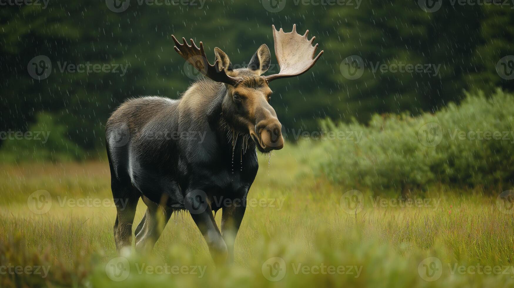 A large moose walks gracefully in a green meadow while experiencing light rain in nature. photo