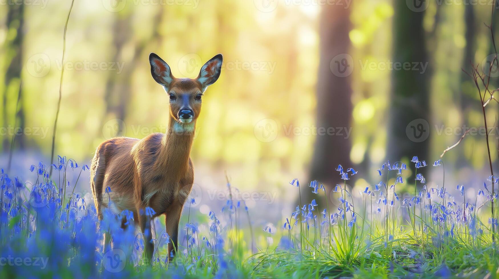 A deer is poised among colorful bluebells in a tranquil forest, basking in the warm sunlight. photo