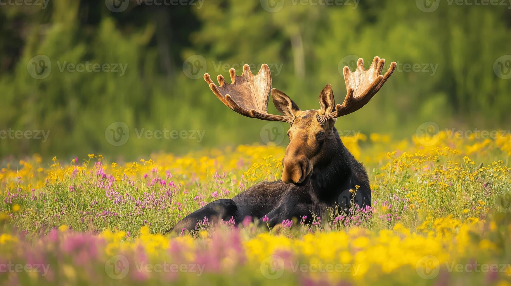 A moose lounges amidst colorful wildflowers under a clear blue sky in summer. photo