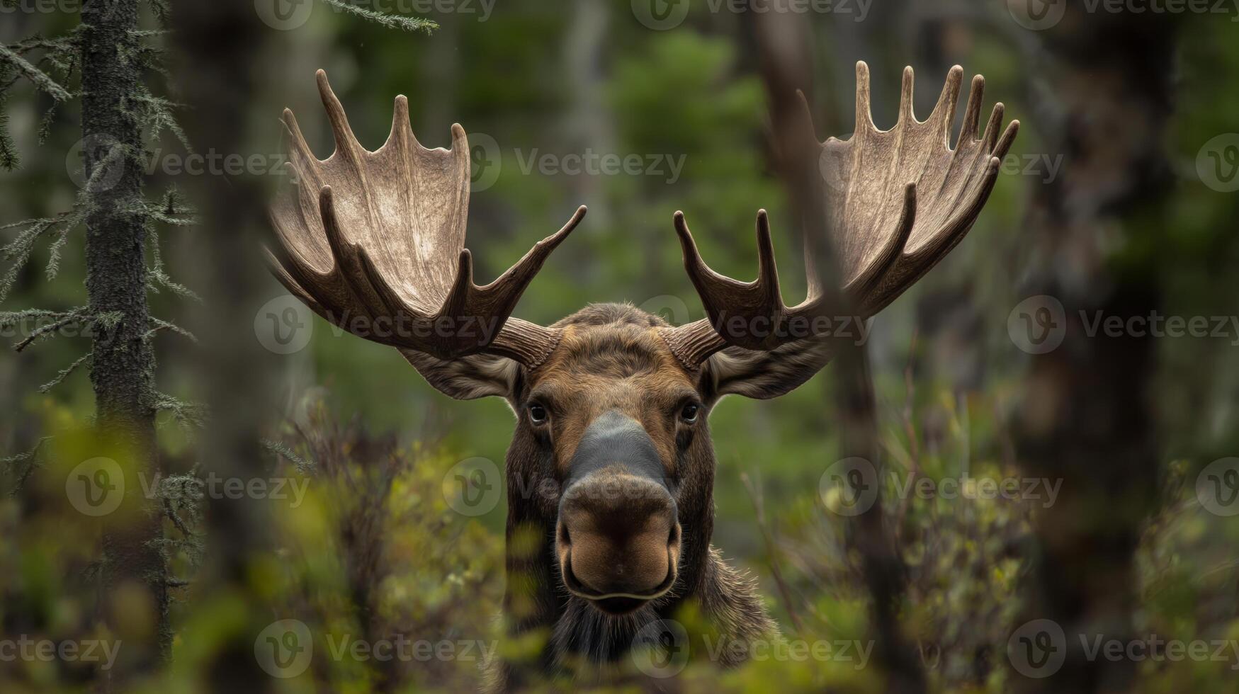 A large moose gazes directly at the viewer while surrounded by vibrant forest foliage. photo