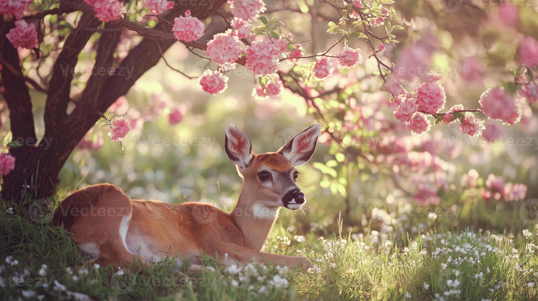 A young deer lies comfortably in a garden filled with vibrant cherry blossoms. photo
