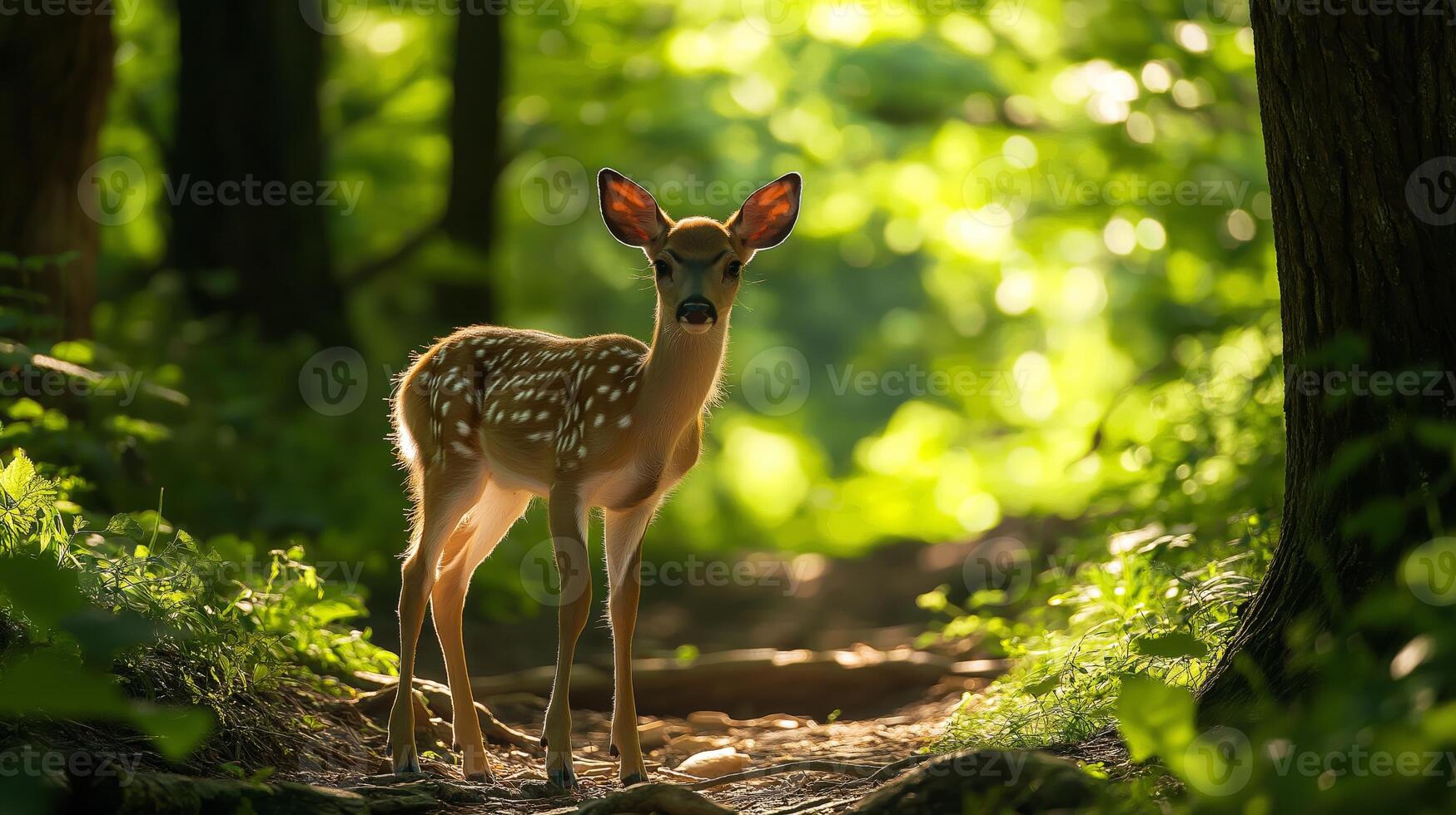 A young fawn stands quietly on a woodland path, surrounded by vibrant green trees and gentle light. photo