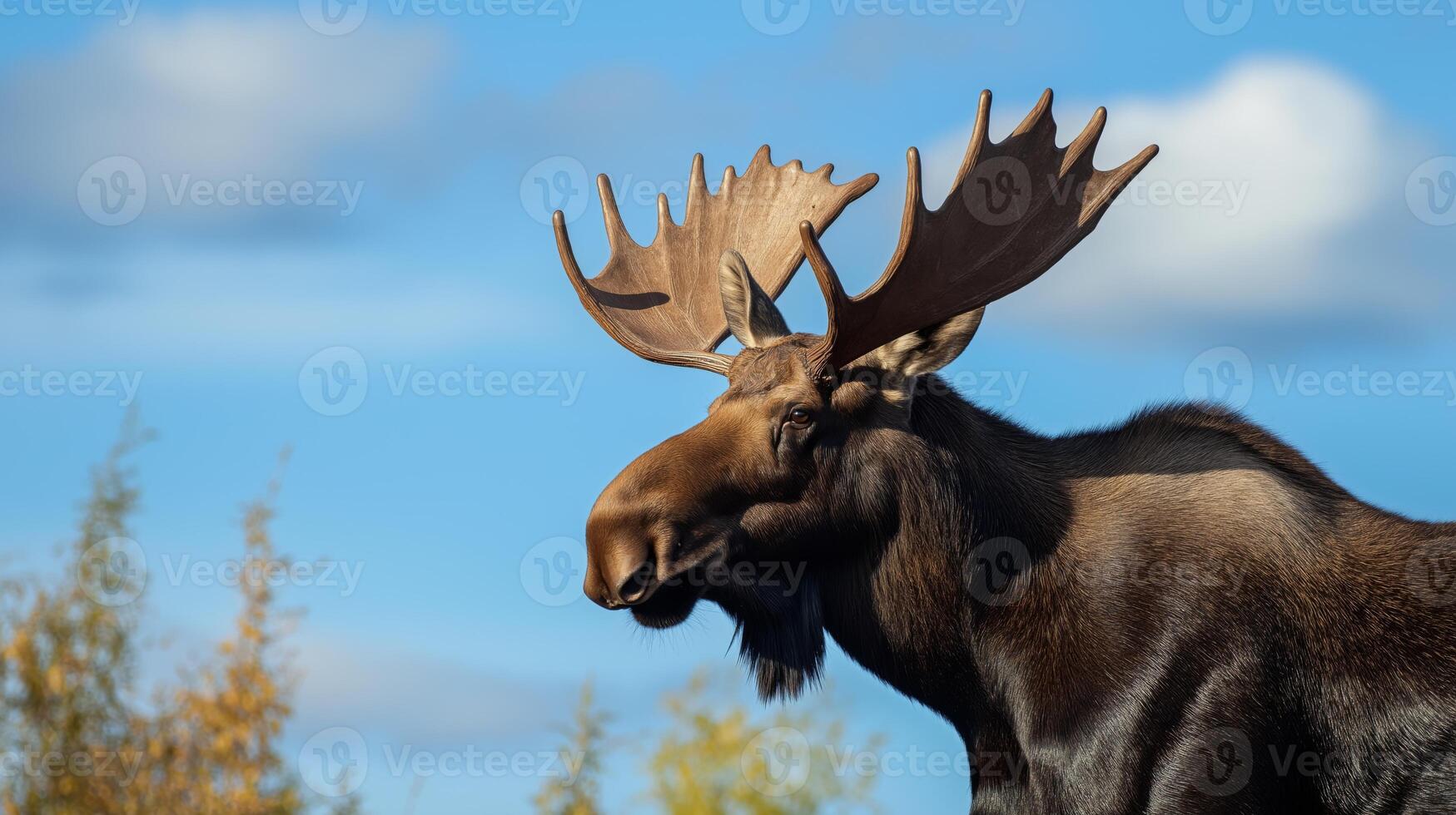 A large moose poses with its impressive antlers under a bright blue sky in autumn. photo