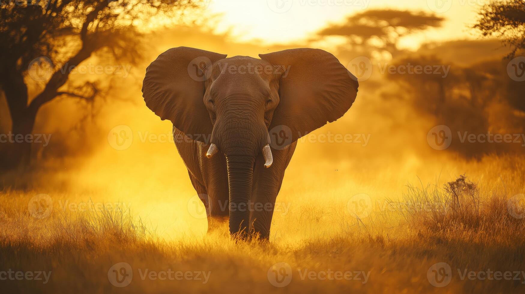 An elephant moves gracefully through golden grasslands during a beautiful sunset. photo