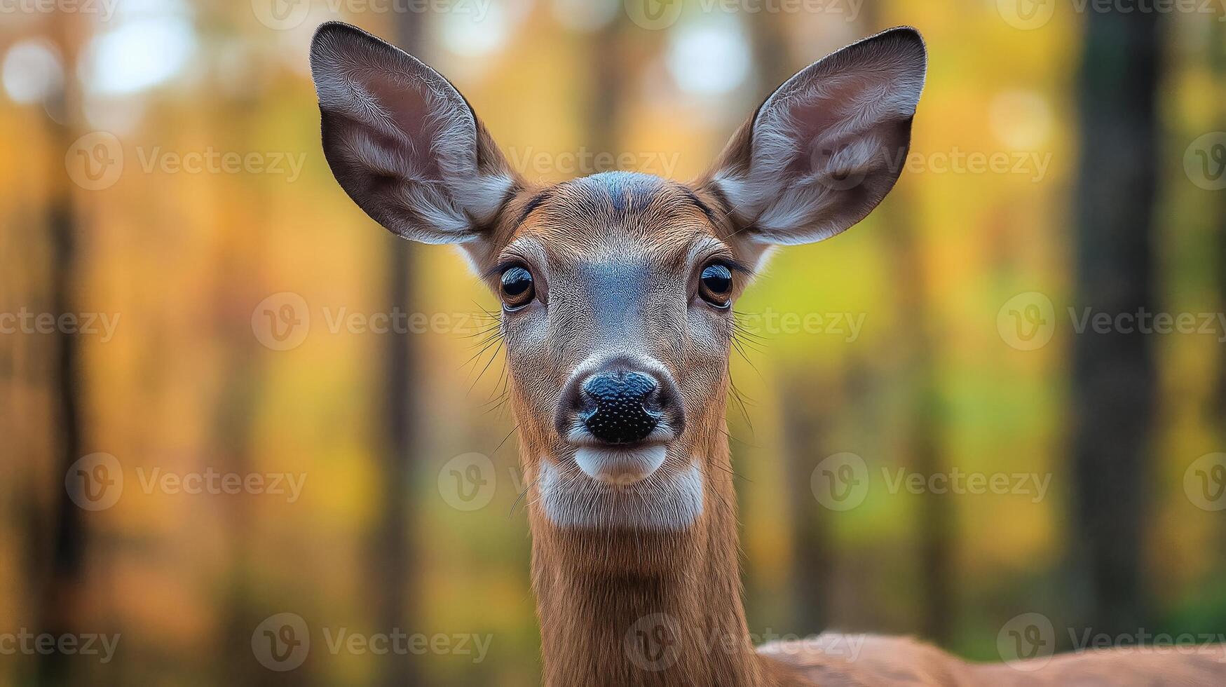 A deer gazes into the camera, surrounded by colorful autumn foliage and sunlight filtering through. photo