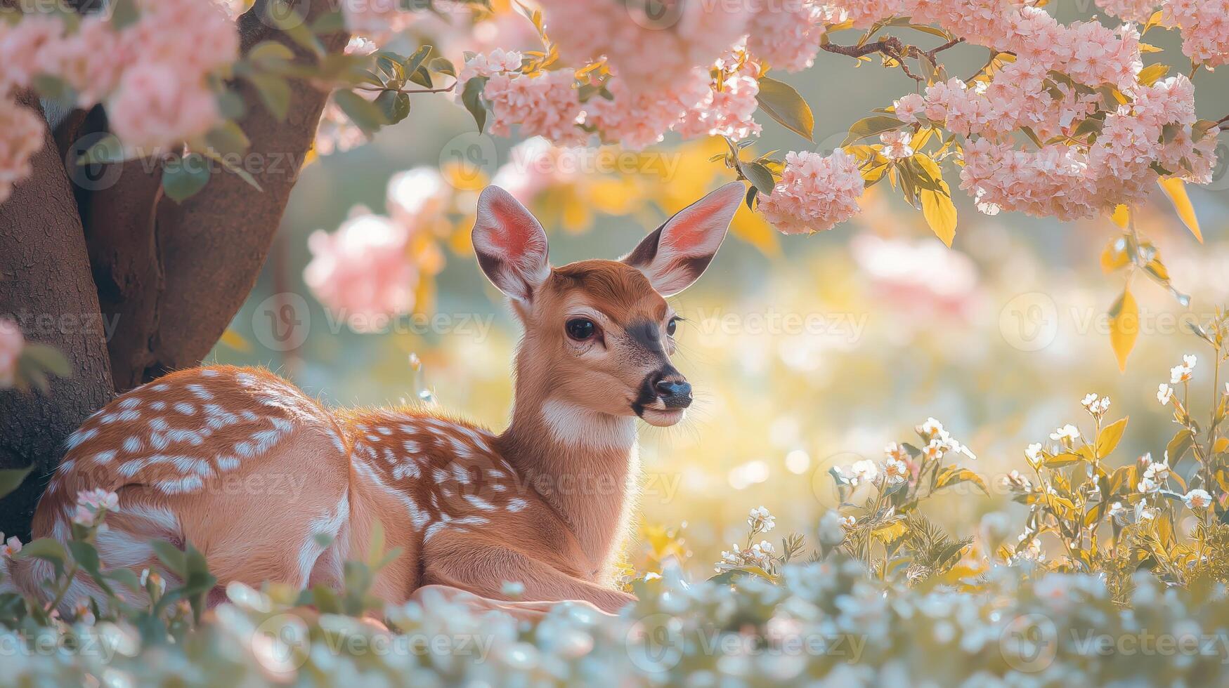 A young deer lies among vibrant pink blossoms under a tree in springtime sunlight. photo