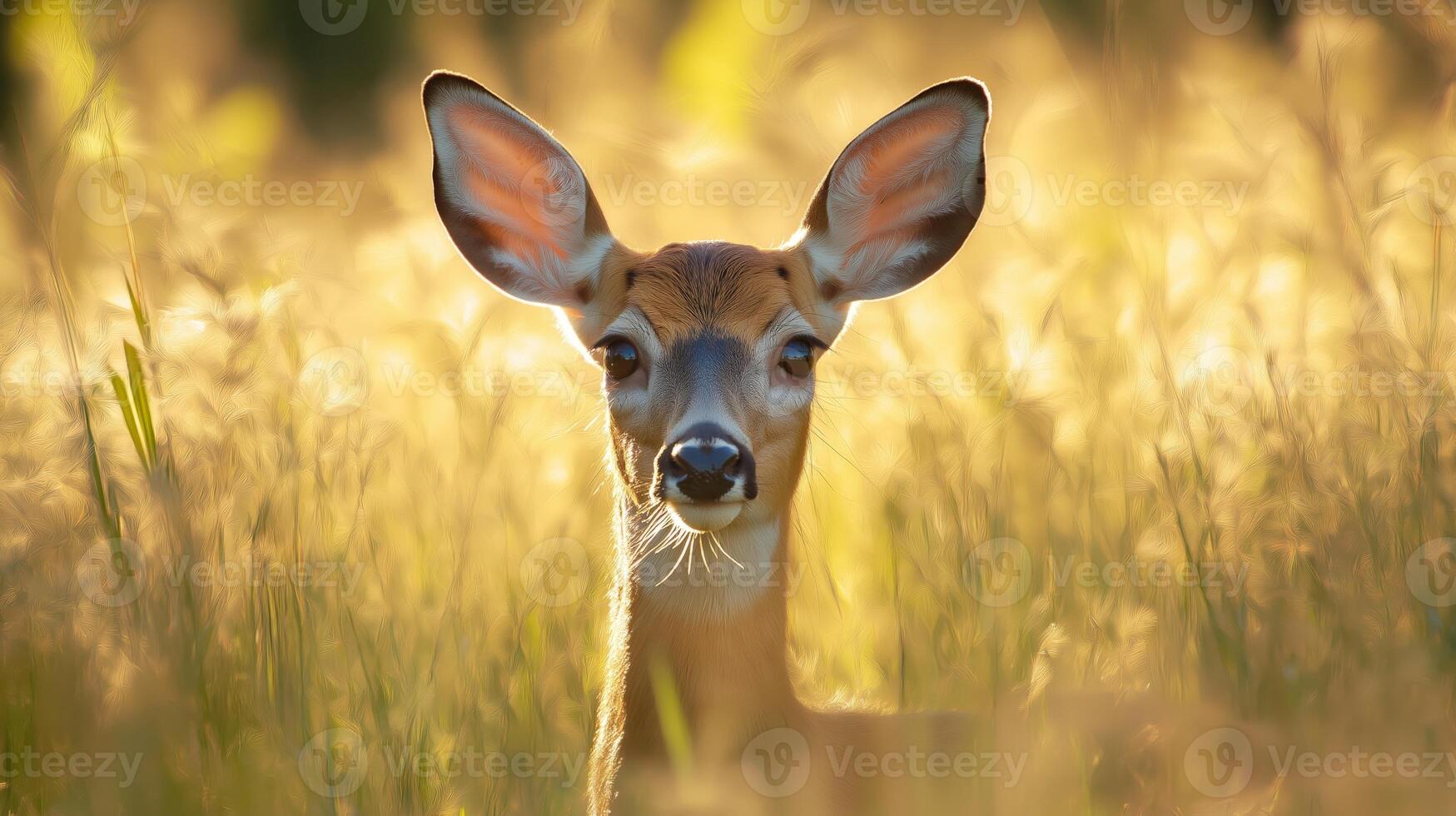 A young deer watches curiously from tall grass as sunlight illuminates the landscape. photo