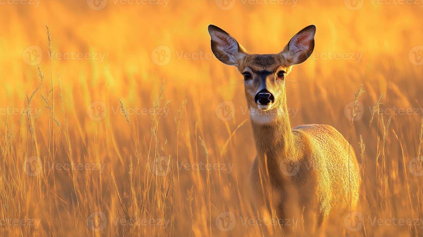 A deer stands in tall, golden grass during sunset, surrounded by nature's tranquil beauty. photo