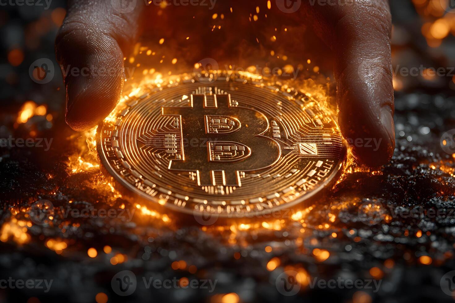 Glowing Bitcoin in Hand Amid Fiery Embers Cryptocurrency Power and Risk Concept photo
