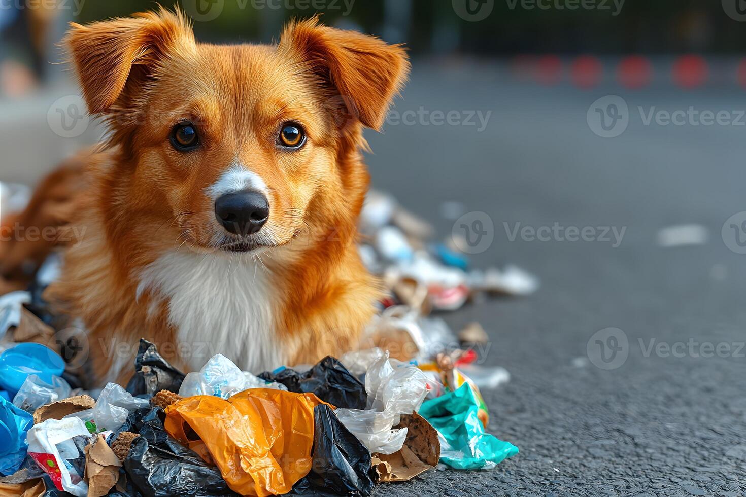 Adorable Dog Surrounded by Litter on Urban Street - Environmental Awareness Concept photo