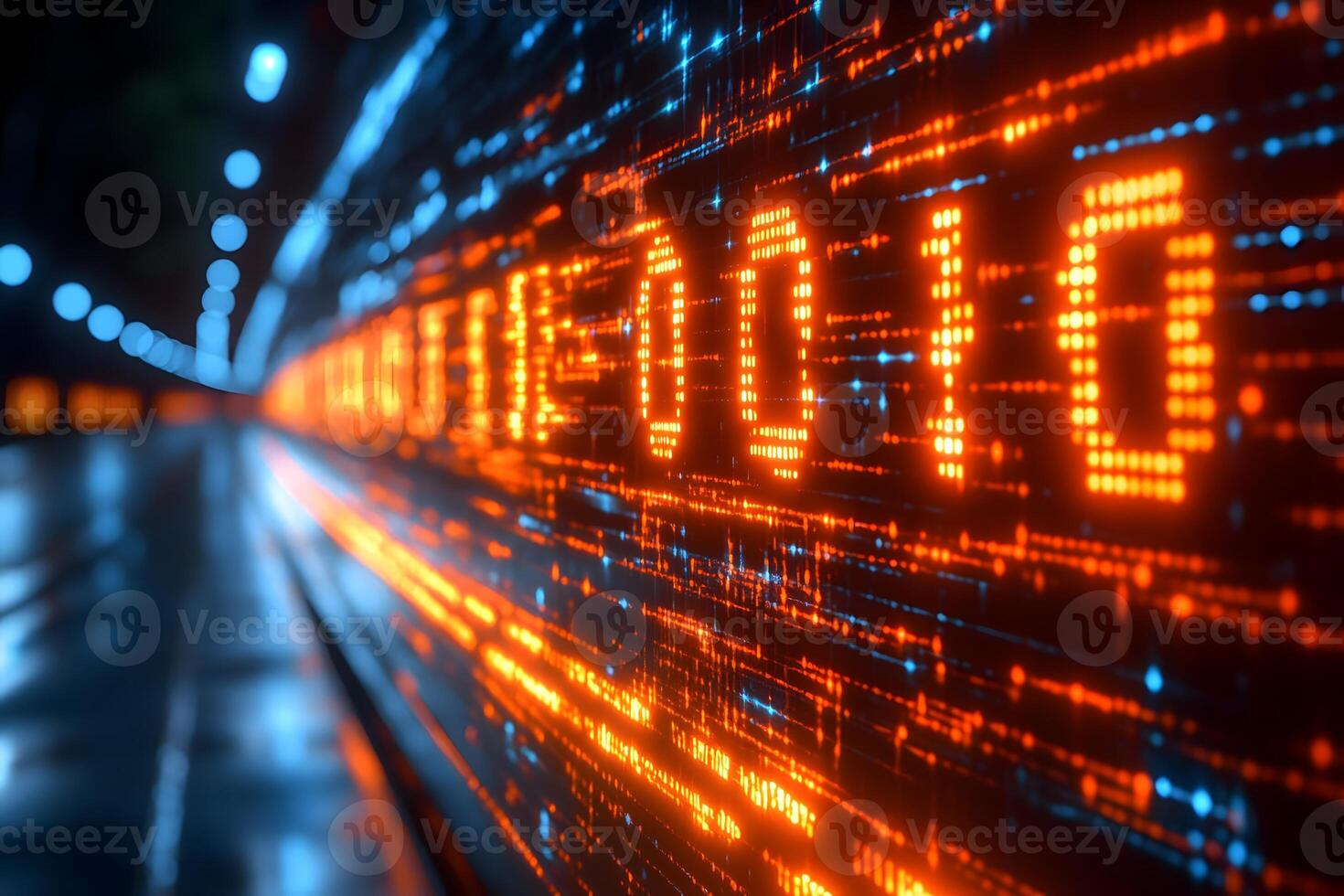 Abstract Digital Binary Code Stream with Glowing LED Lines in Blue and Orange photo