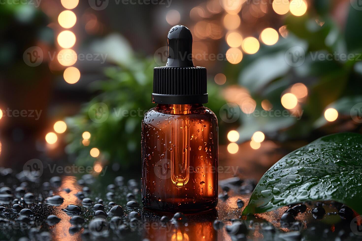 Aromatherapy Essential Oil Bottle with Dewdrops and Bokeh Lights for Spa and Wellness Design photo