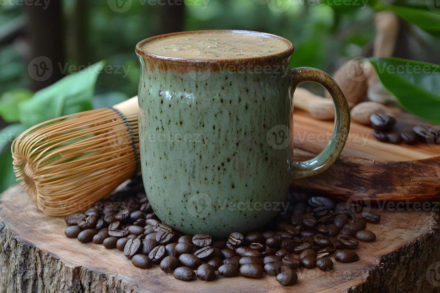 Cozy Woodland Coffee Scene with Rustic Ceramic Mug and Freshly Roasted Coffee Beans photo