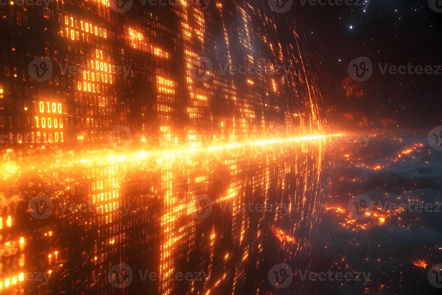 Futuristic Digital Matrix with Cosmic Binary Code and Fiery Glow for Technology Design photo