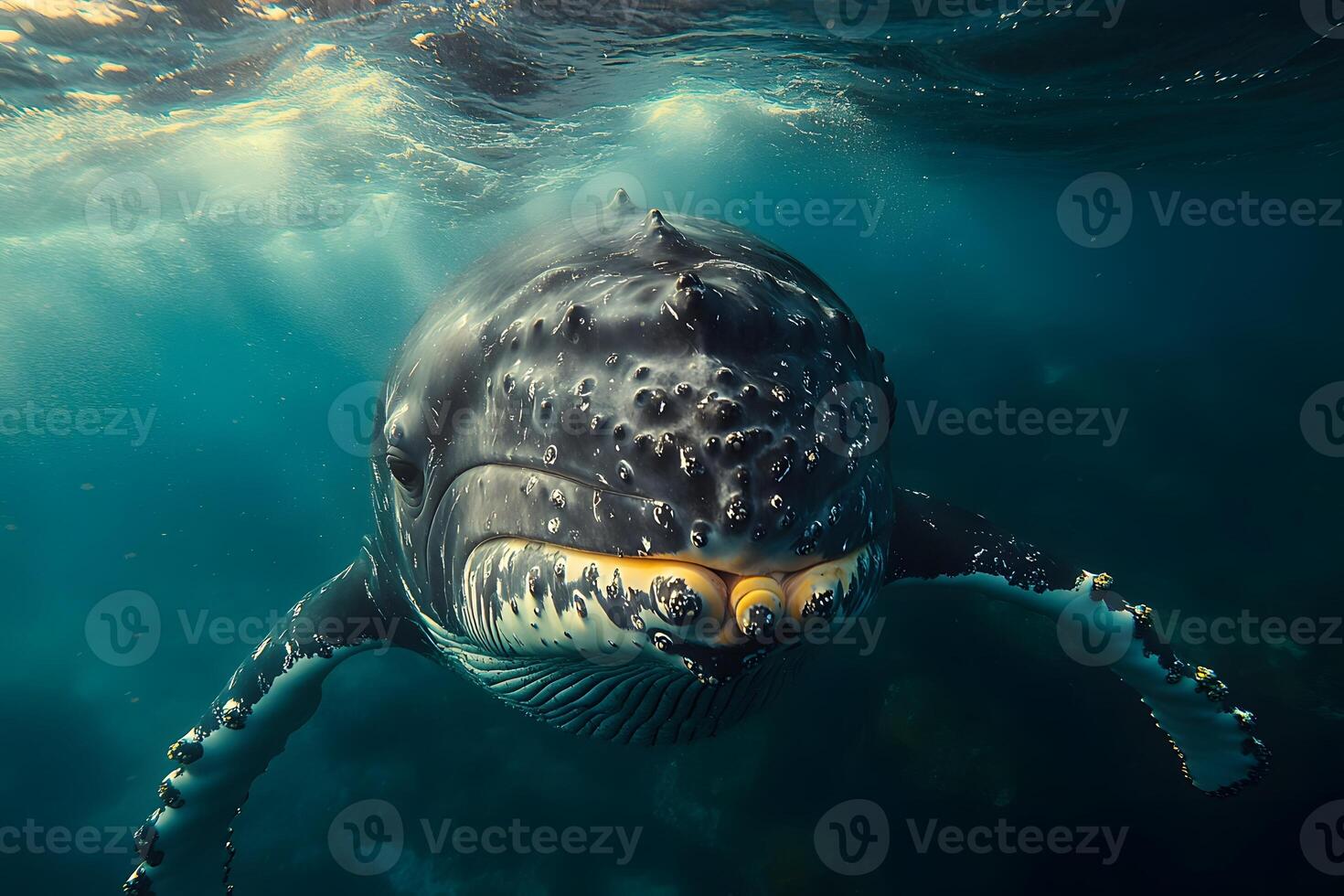 Majestic Underwater Encounter with a Humpback Whale in Deep Ocean photo