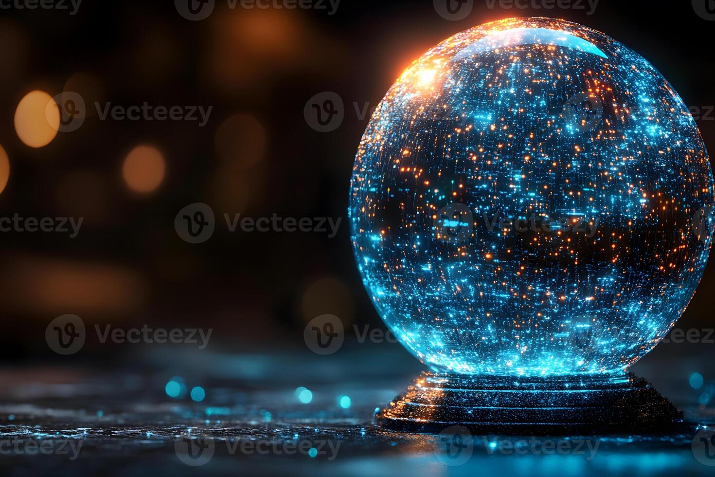 Futuristic Crystal Ball on a Digital Tabletop Reflecting Glowing Blue and Orange Lights photo