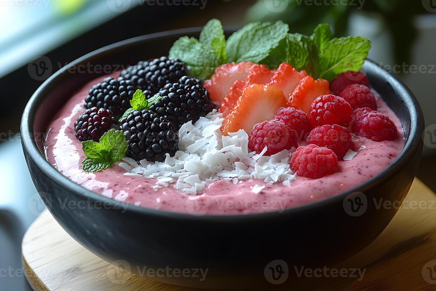 Berry Smoothie Bowl with Fresh Blackberries, Strawberries, and Raspberries photo