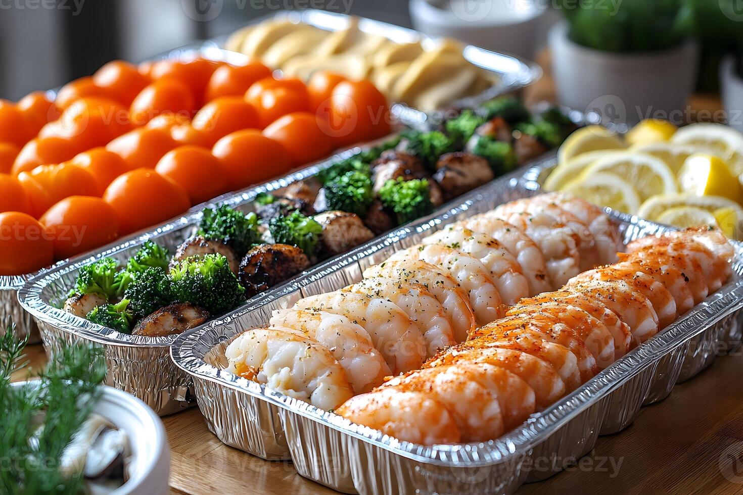 Delicious Seafood and Vegetable Platters for Catering or Buffet Presentation photo