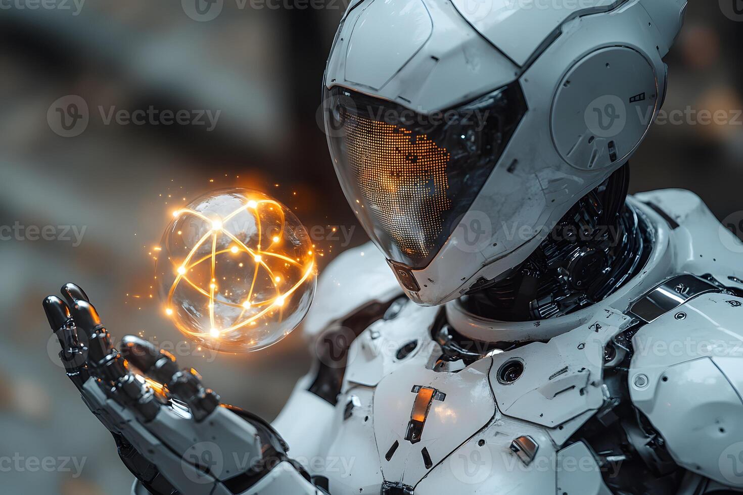 Futuristic Robot Interacting with Glowing Orb in Technology Concept photo