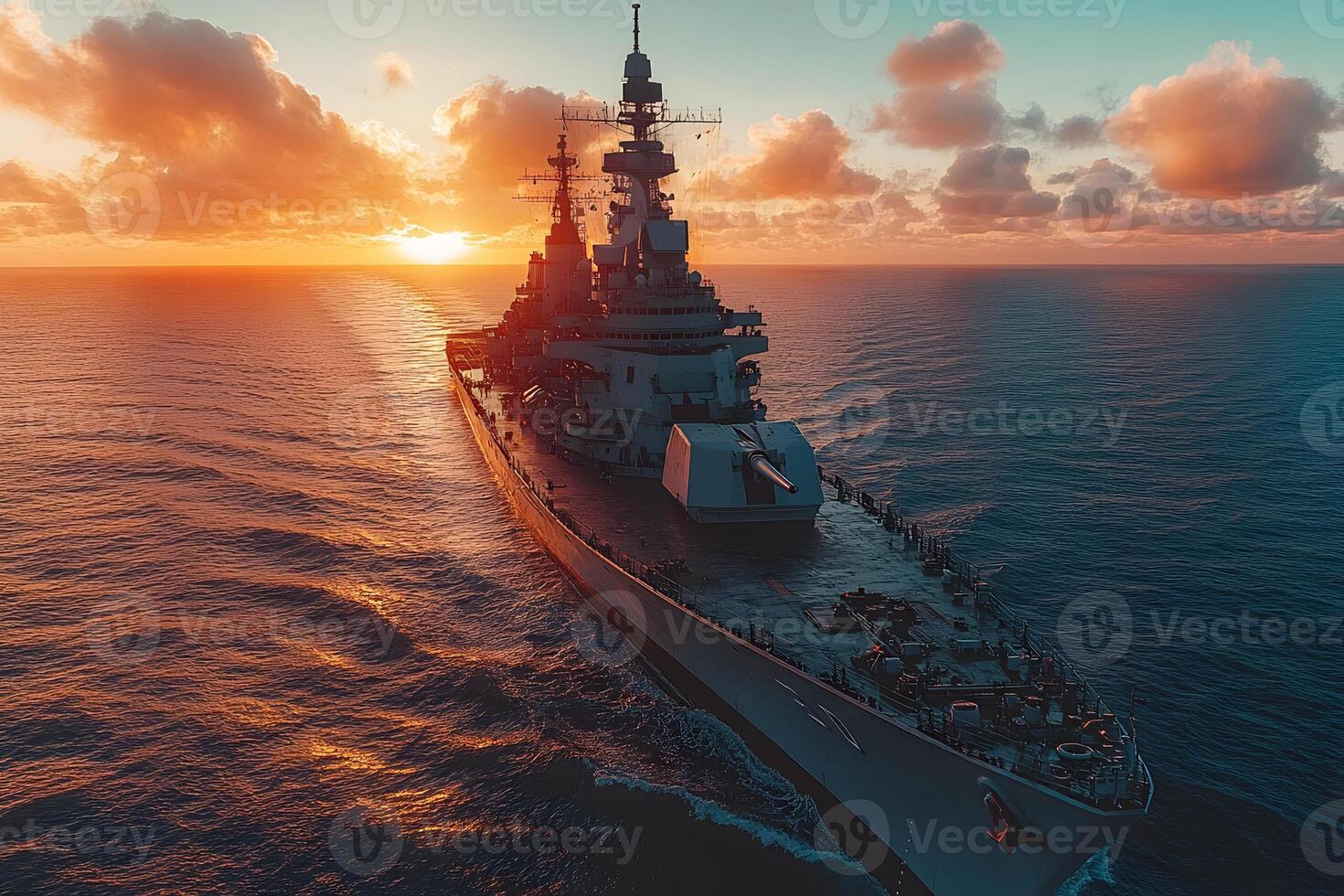 Majestic Battleship at Sunset Navigating Tranquil Seas - Maritime Adventure and Exploration photo