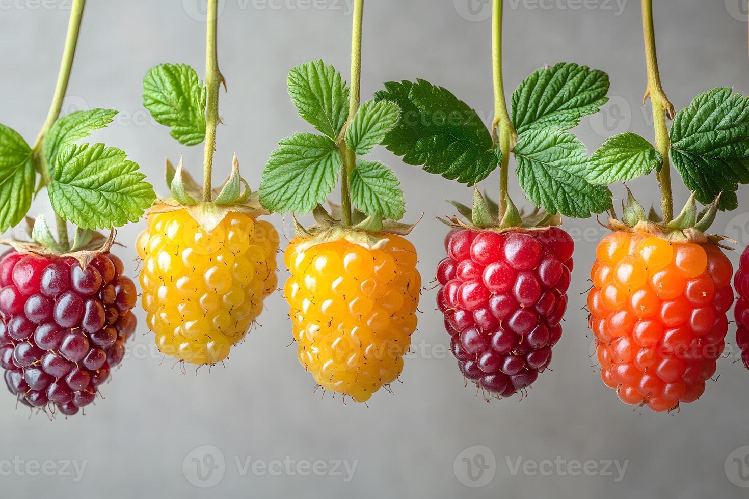 Colorful Gradient of Raspberries on Vine - Nature's Vibrant Spectrum for Food Photography photo