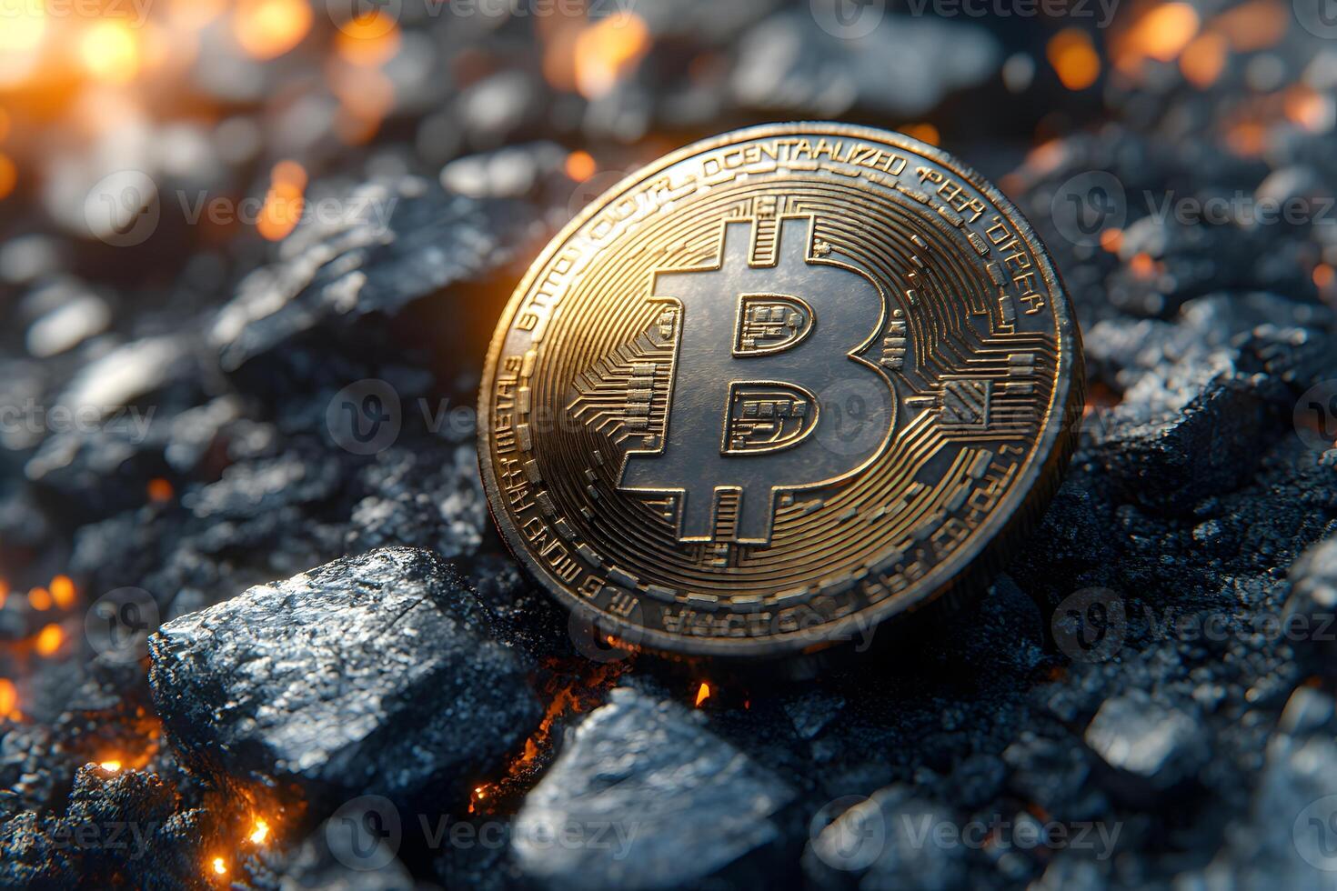 Bitcoin Cryptocurrency Concept on Smoldering Rocks for Financial Technology Design photo