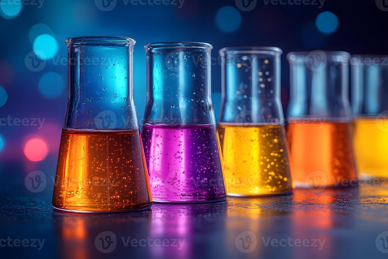 Vibrant Experimental Chemistry Flask Setup with Colorful Liquids and Bokeh Effect photo
