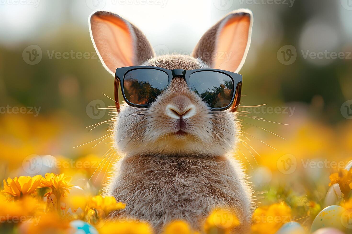 Cool Bunny in Sunglasses Relaxing in Spring Garden with Bright Yellow Flowers photo