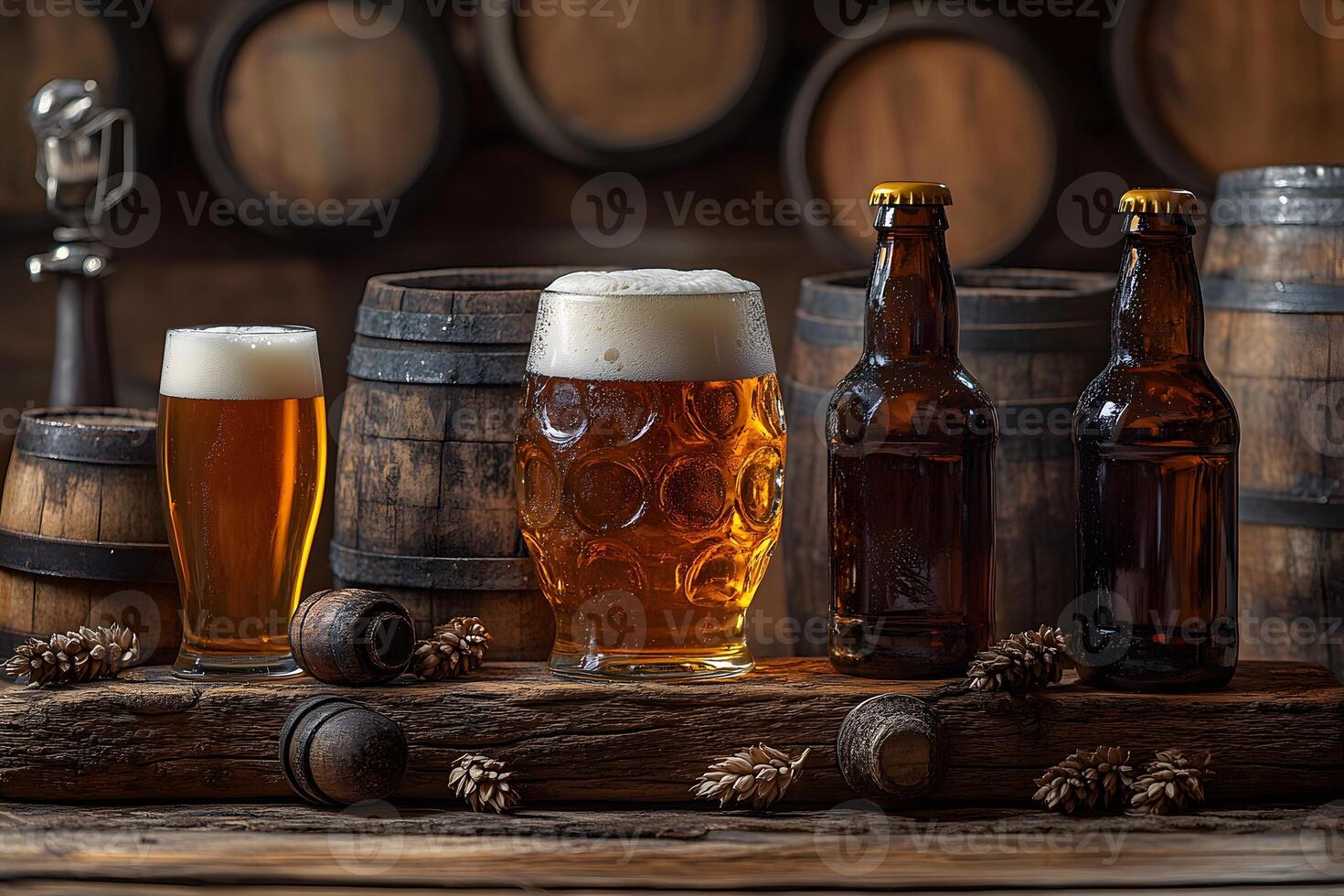Rustic Brewery Scene with Beer Glasses, Barrels, and Pine Cones in Rustic Setting photo