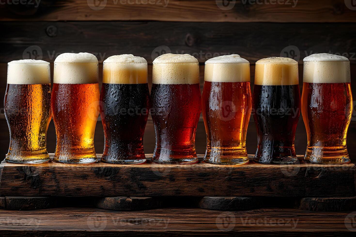 Variety of Craft Beer Glasses on Rustic Wooden Table for Brewery Advertising and Print Design photo
